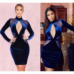 House Of CB, 'Davila' Midnight Blue Velvet And Mesh Dress, Size XS